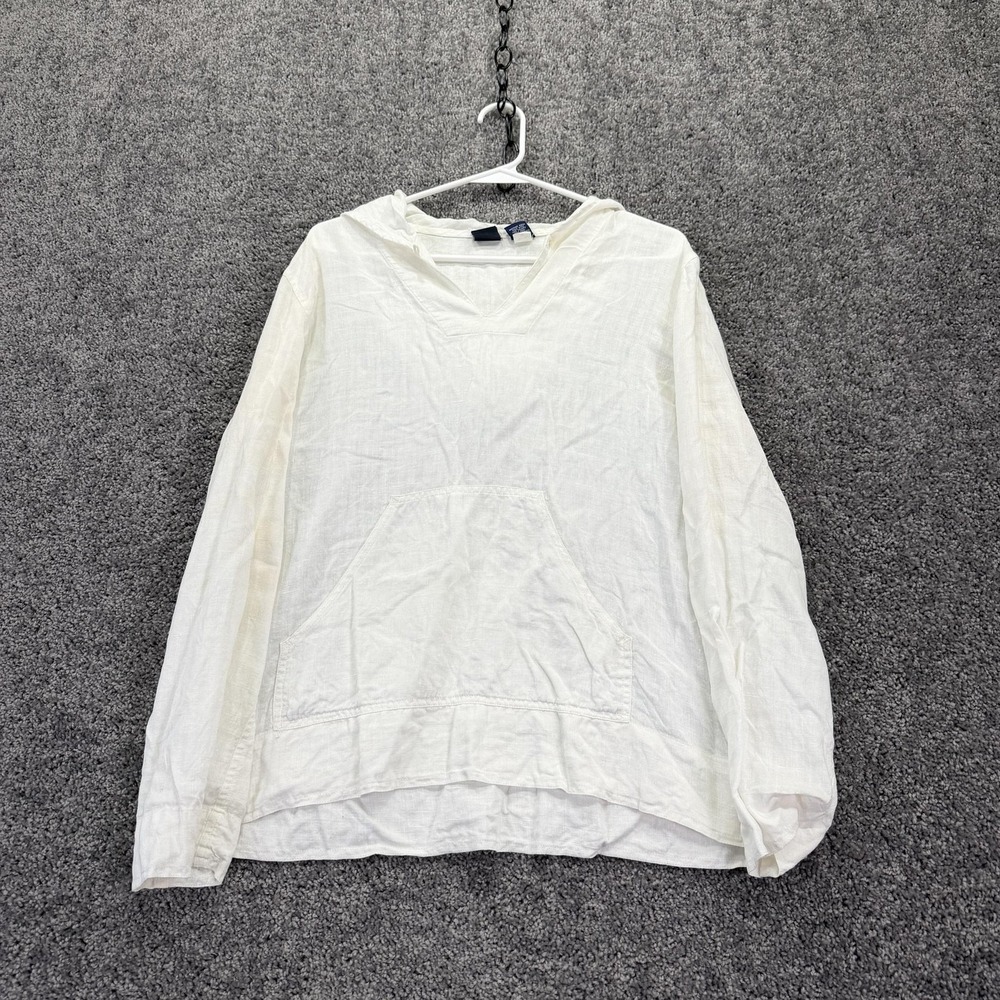 Gap Hoodie Womens Medium White Linen Pullover V-Neck Lightweight Kangaroo Pocket